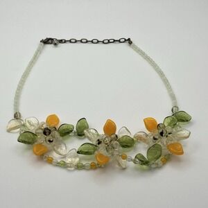 Vintage Czech Glass Leaf & Flower Statement Necklace / UV Glow Vaseline Glass
